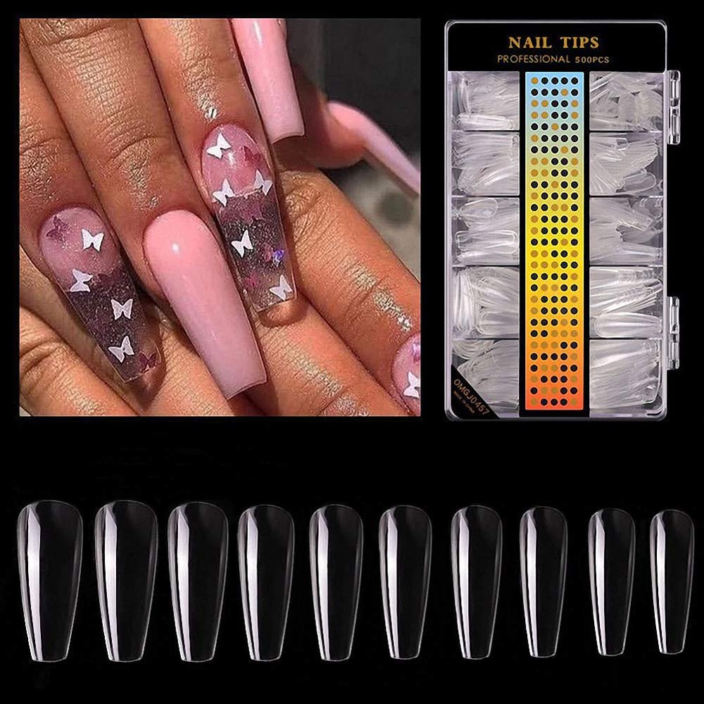 500pcs Acrylic Nail Tips Clear Fake Nails Natural False Nail Tips Clear Half Cover Artificial Acrylic False Nails DIY Salons Nail Art 10 Sizes
