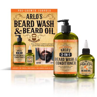 Arlo's 2-in-1 Pro-Growth Beard Wash and Conditioner 12 oz with Pro-Growth Beard Oil 2-PC Kit