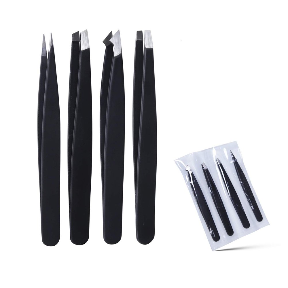 4Pcs/Set Eyebrow Tweezers for Hair Plucking For Men & Women - Stainless Steel (Black)
