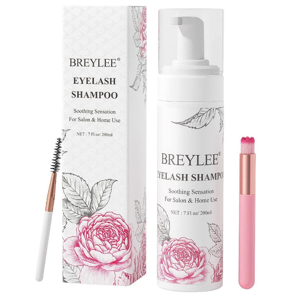 Eyelash Extension Cleanser, BREYLEEEyelash Extension Shampoo Eyelash Extension Foam & Brushes Eyelid Cleanser for Makeup Remover Paraben & Sulfate Free for Salon and Home Use(200ml, 7 fl oz)