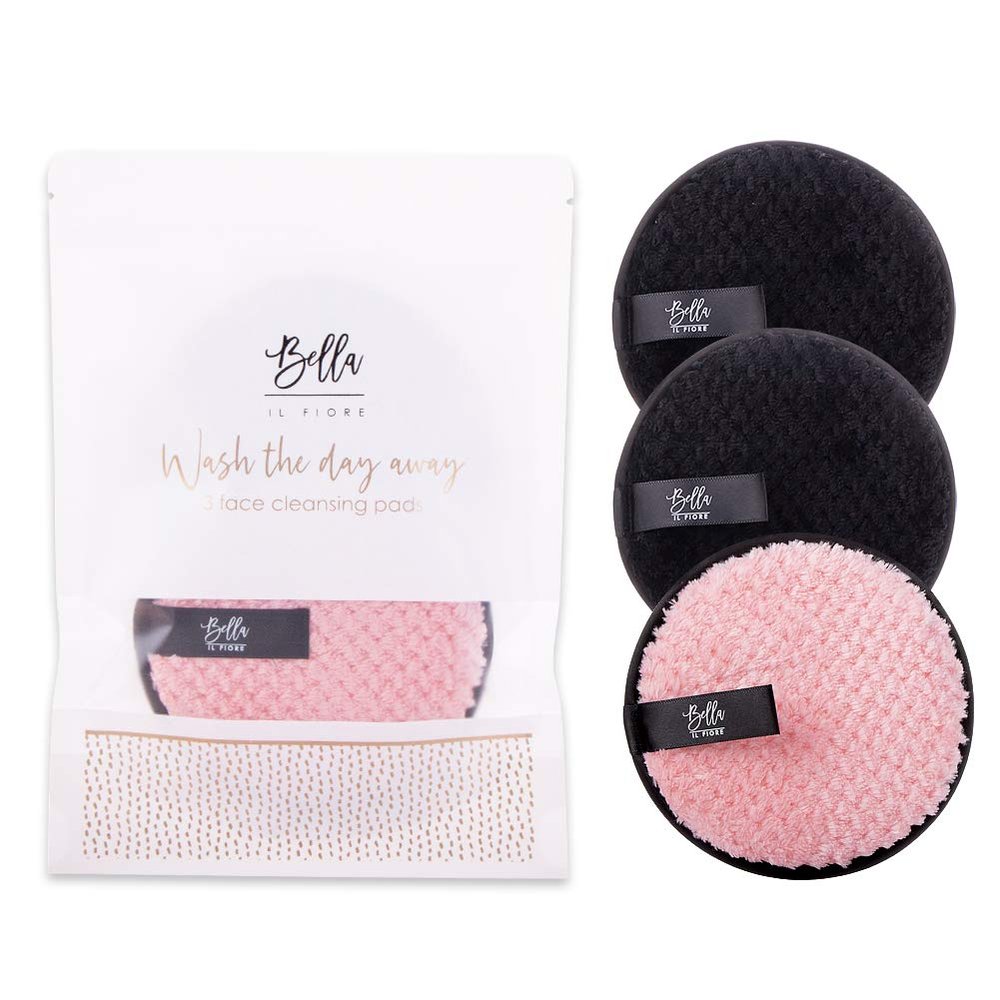 Bella Sleep + Spa Reusable Makeup Remover Pads Wash The Day Away Washable Cleansing Cloths, 3-Pack, Pink/Black