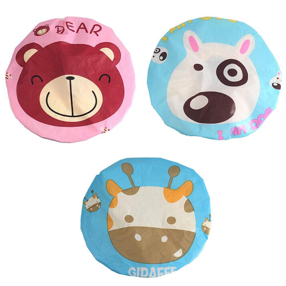 3 Pcs Women Shower Cap Waterproof Elastic Bath Hat Cleaning Hat Cute Kid Adult (Dog+Giraffe+Bear)