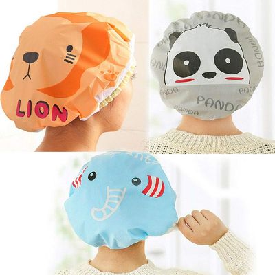 3 Pcs Women Shower Cap Waterproof Elastic Bath Hat Cleaning Hat Cute Kid Adult (Elephant+Lion+Panda)
