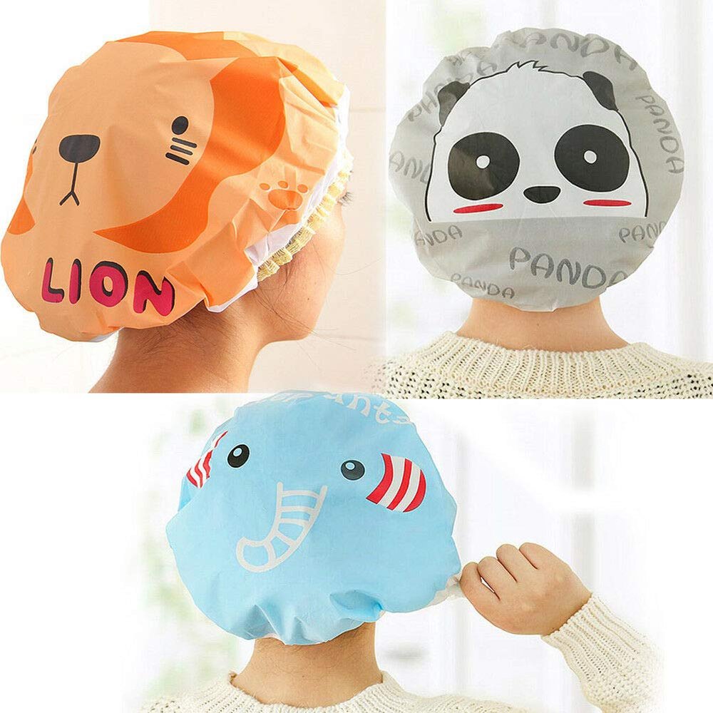 3 Pcs Women Shower Cap Waterproof Elastic Bath Hat Cleaning Hat Cute Kid Adult (Elephant+Lion+Panda)