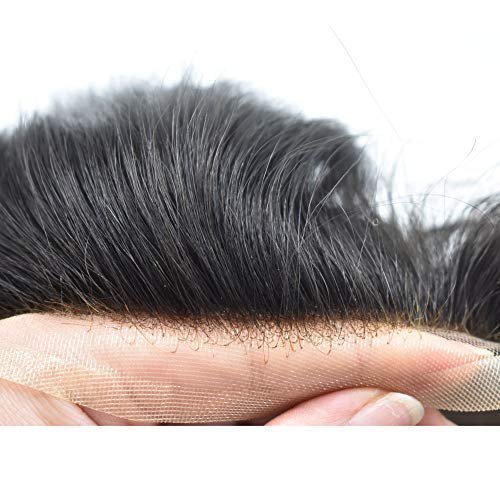 Transparent Lace Front HAIR System Mens Toupee Replacement Bleached Knot Hairpiece Natural Hairline Mono Human Hair Black Human hair Wigs (9"X6", 1# Jet Black-130% Medium density)