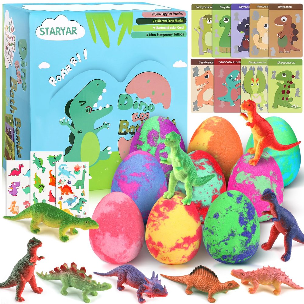 Bath Bombs for Kids with Surprise Toys Inside - 9 Pack Dinosaur Bath Bombs Gift Set, Dinosaur Toys for Kids 3 4 5 6 7 8 9 Years, Valentines Day Gifts for Kids, Easter Gifts Bubble Bath Fizzes