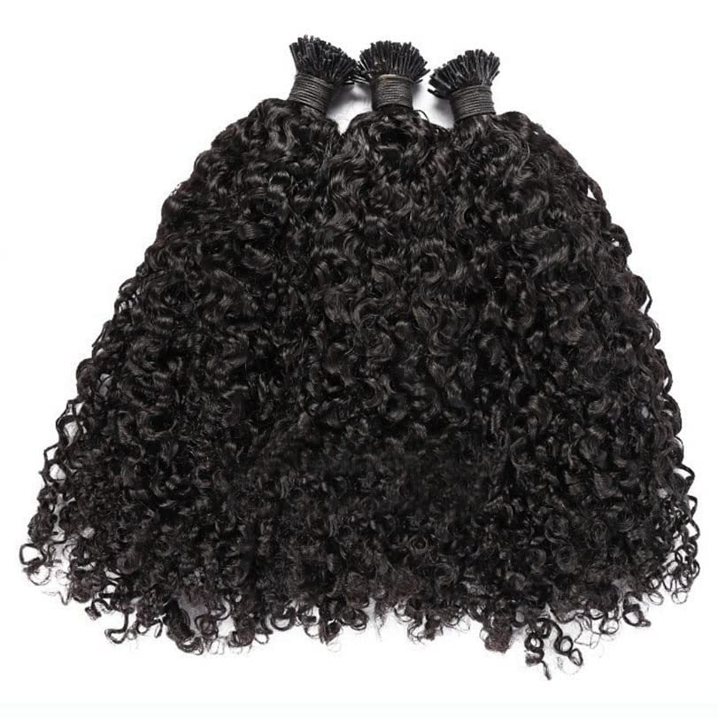 RJ Hair Sassy Curly I Tip Hair Extensions 100 Strand Brazilian Microlinks Human Hair Keratin Fusion Stick I Tip Hair For Women (14inch 100strand, Color 1#)