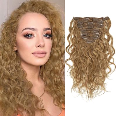 Caliee Natural Curly Clip in Hair Extensions Natural Wave 16inch Honey Blonde Hair Real Remy Thick Human Hair Extensions Full Head for Women Wavy Curly Blonde #27 7Pieces 17Clips Per Pack