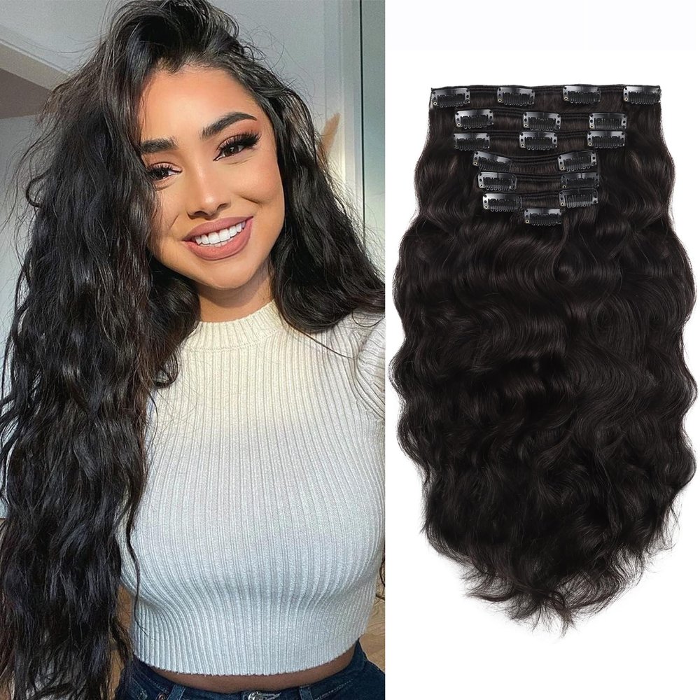 Caliee Natural Curly Wave Clip in Hair Extensions 18Inch Human Hair Thick End Wavy Curly Natural Black Color Double Weft 120Gram #1B Off Color Soft Hair 17Clips 7Pieces Per Pack