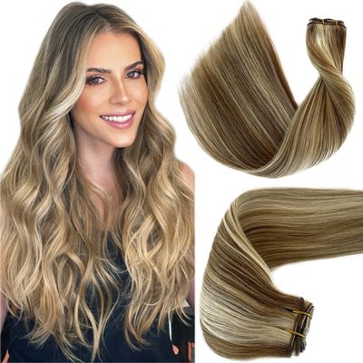 Balayage Sew in Hair Extensions Real Human Hair Weft, Hand Tied Weft Hair Extensions Human Hair Ash Brown to Beige Blonde to Platinum Blonde Highlights Human Hair Bundles Genius Weft 80G 14 Inch