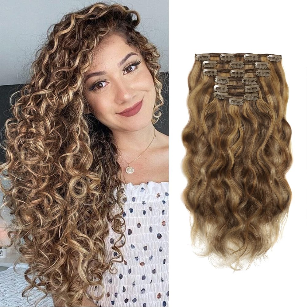 Loxxy Clip in Human Hair Extensions Natural Wave 16inch #P4/27 Dark Brown Mixed with Caramel Blonde Real Human Hair Extensions for Women Double Weft 120g/set 7Pcs/lot And 17 Clips Per Pack