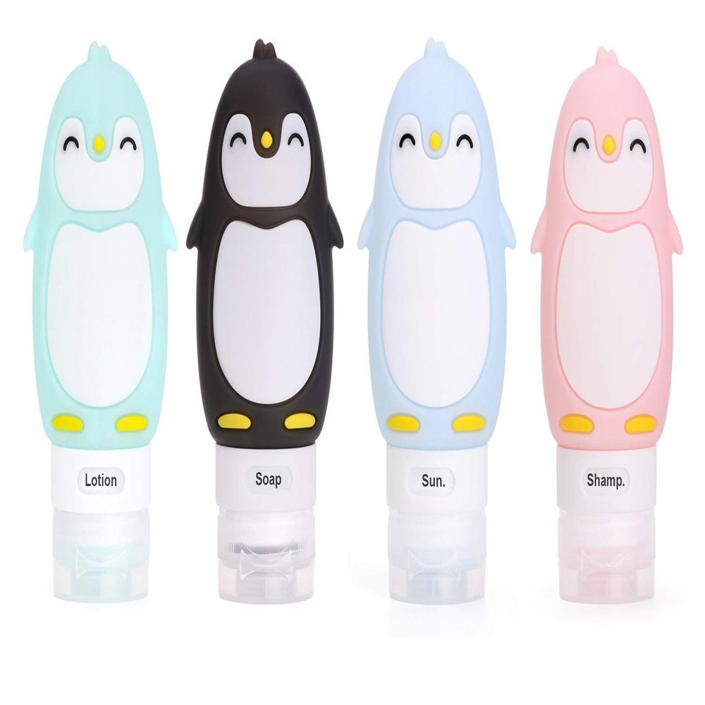 Kanga Care Travel Buddiez Penguin 3oz Refillable Silicone Leak Proof Toiletry Bottle 4 Pack set for Shampoo Conditioner Lotion Face Body Wash - Penguin Family (4 pack) Multicolored
