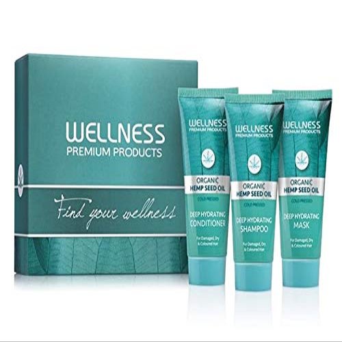Wellness Premium Hydration Top 3 Travel Box for All Hair Type| Shampoo, Conditioner and Mask | Enriched With Organic Hemp Oil| Travel Toileteries