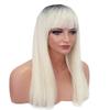 Long Platinum Blonde Synthetic Wig with Black Roots and Bangs view 2