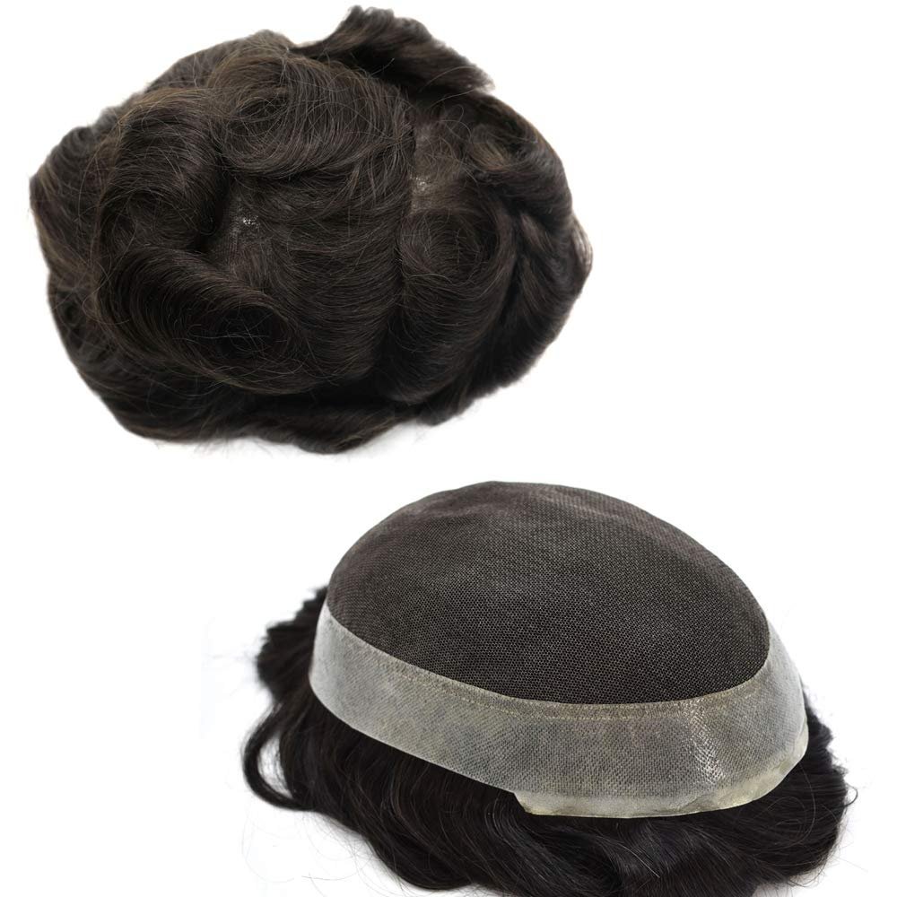 100% Human Hair Toupee for Men Hair Unit Wig for Men Soft Thin French Lace Breathable Hair System Natural Looking Clear Poly Skin Around Wigs Transparent Lace Skin Hairpiece Replacement(6"x9", #2 Darkest Brown-120% Light to Medium Density)
