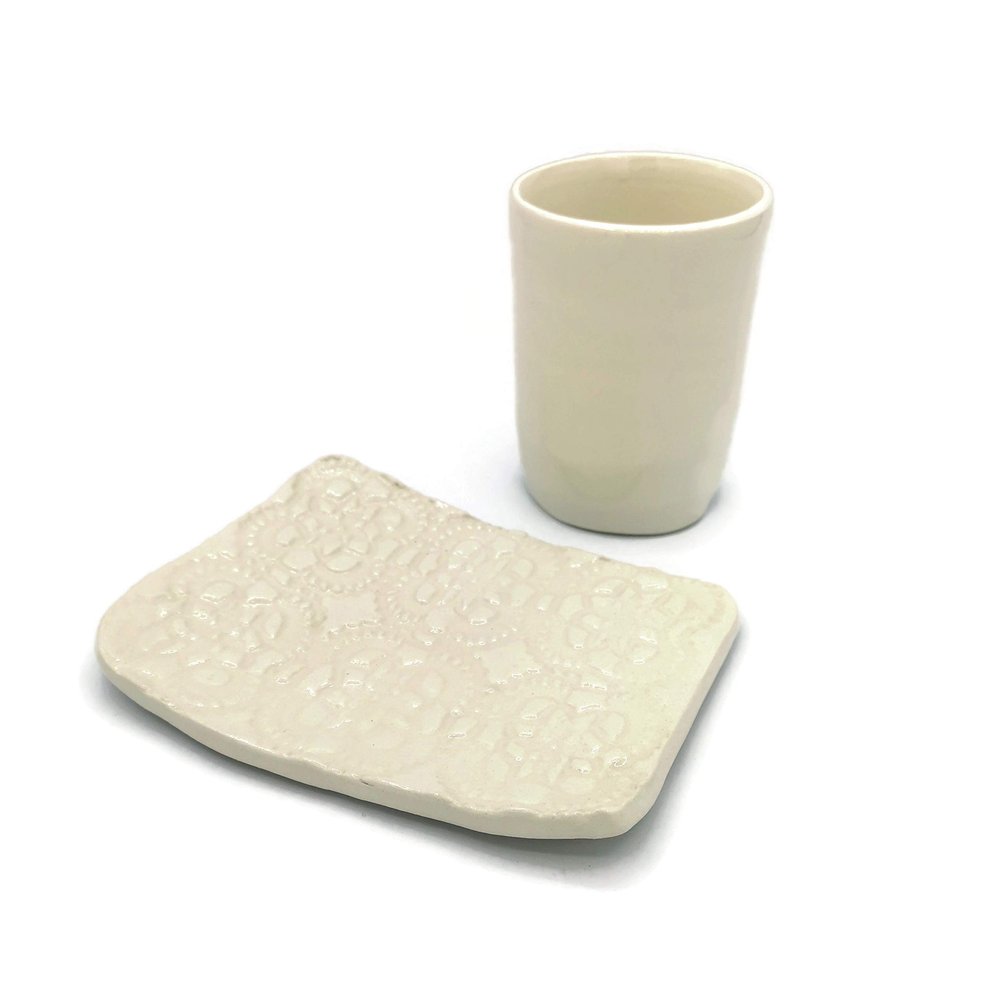 Plain White Bathroom Set, Soap Dish with Lace Texture and Toothbrush Cup, Handmade Ceramics