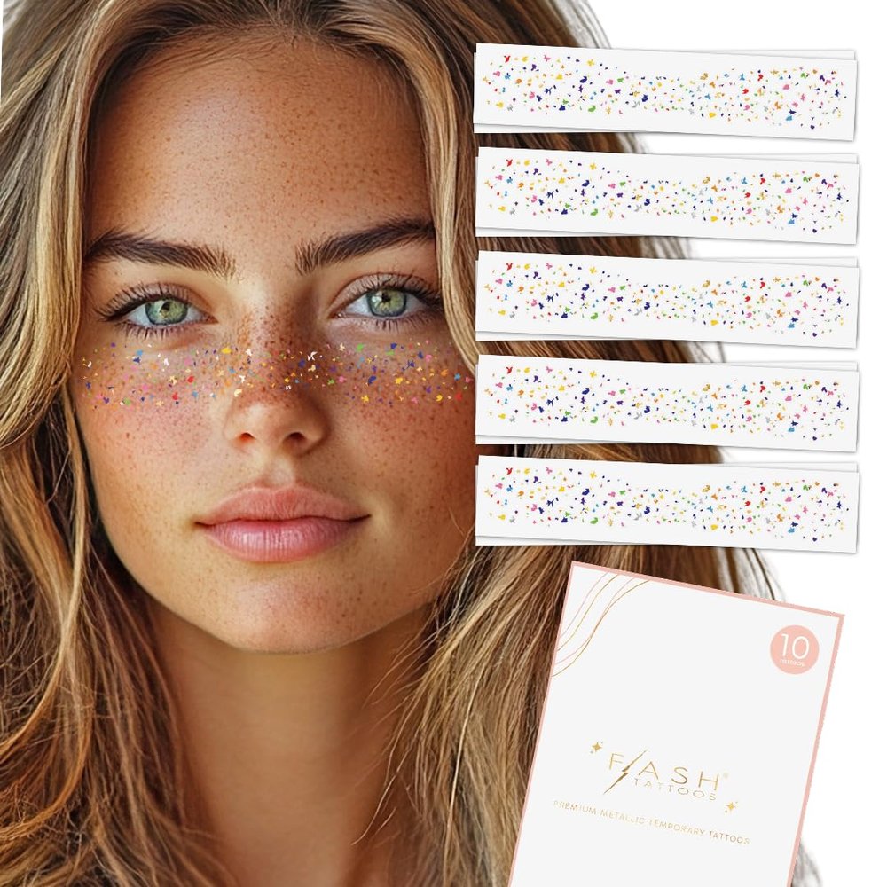 RAINBOW CONFETTI FRECKLES set of 10 premium boho waterproof temporary metallic gold and silver jewelry foil Flash Tattoos, face tattoo, face sparkle, rainbow temporary tattoo, rainbow party