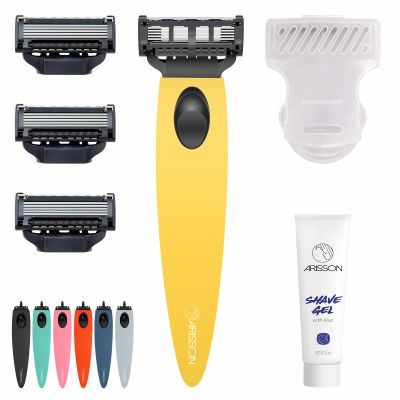 Arisson Men's Razors Set  Includes 1 Ergonomic Design Razor Handle, 4 Blade Refills, Travel Blade Cover, Shave Gel (Yellow)