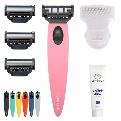 Arisson Men's Razors Set  Includes 1 Ergonomic Design Razor Handle, 4 Blade Refills, Travel Blade Cover, Shave Gel (Pink)