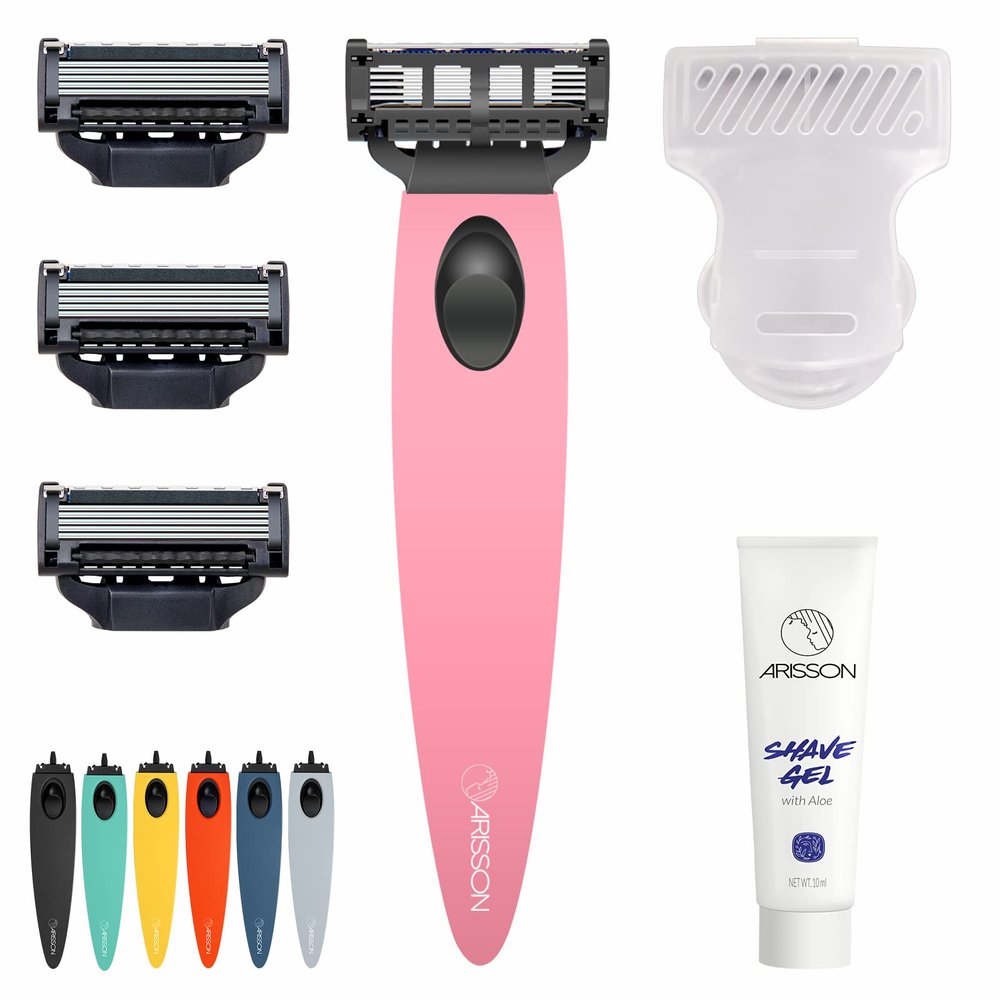 Arisson Men's Razors Set  Includes 1 Ergonomic Design Razor Handle, 4 Blade Refills, Travel Blade Cover, Shave Gel (Pink)