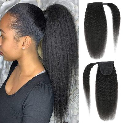 Kinky Straight Ponytail Human Hair with Wrap Around Magic Tape, Brazilian Hair Clip in Extensions Wavy Yaki Pony Tail Color Natrual Black (24", 1B, Kinky Straight, Wrap Around)