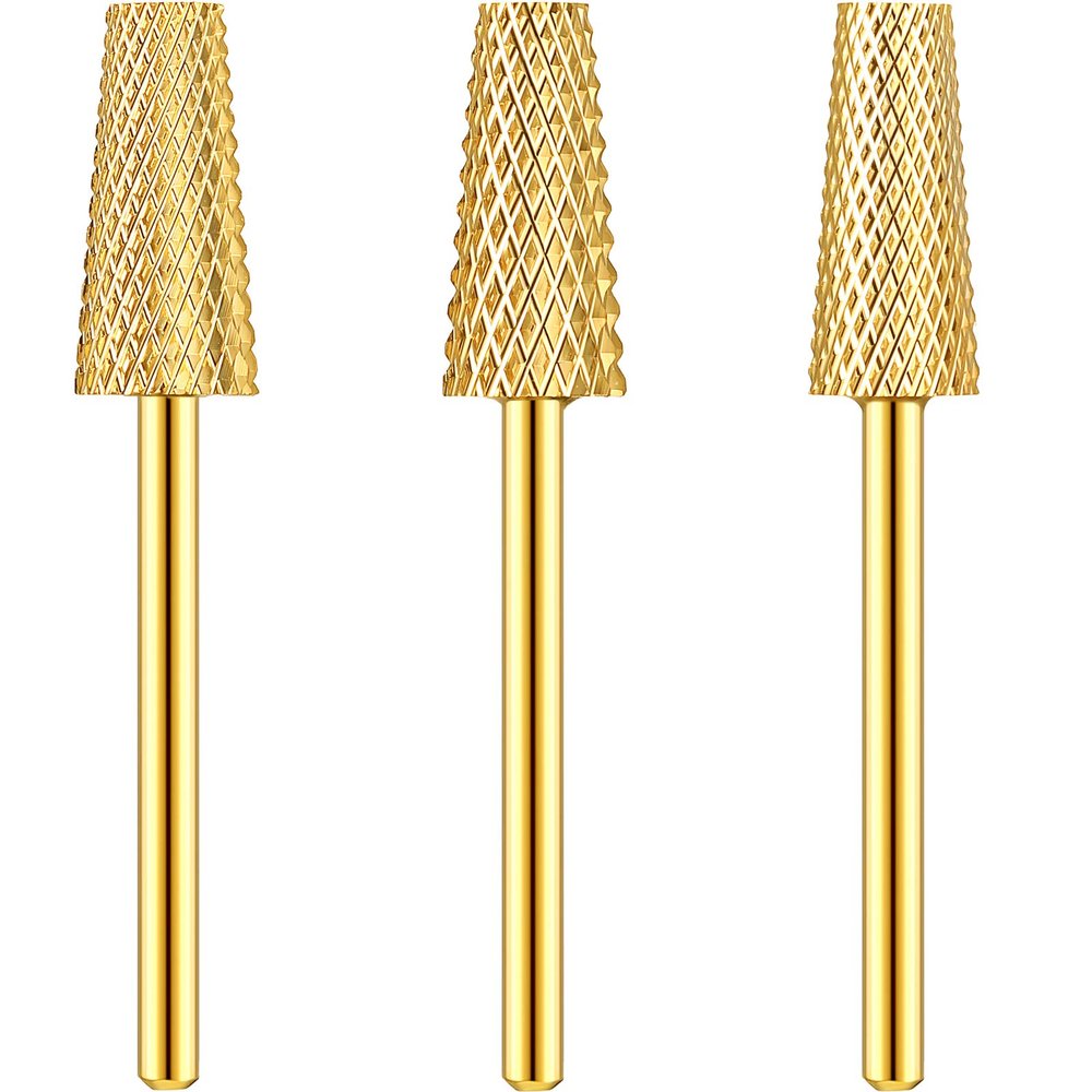 3 Pieces Tapered Barrel Carbide Nail Drill Bit, 3 Sizes Carbide Nail Drill Bit Acrylic File Cuticle, Art Tools for Gel Manicure Pedicure(XF, F, M,Gold)