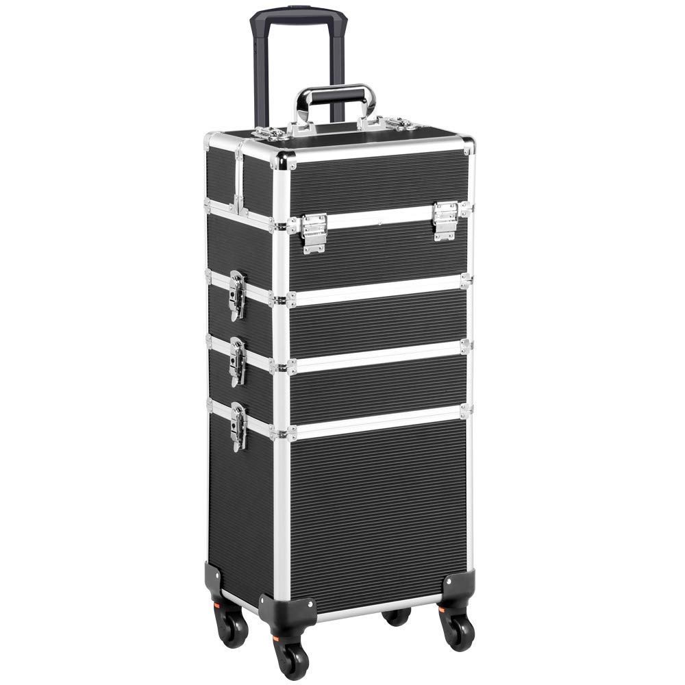 Costoffs Extra Large Makeup Trolley Cosmetic Case Organiser Beauty Trolley on Wheels Vanity Case with Adjustable Dividers (Black, 4 in 1)