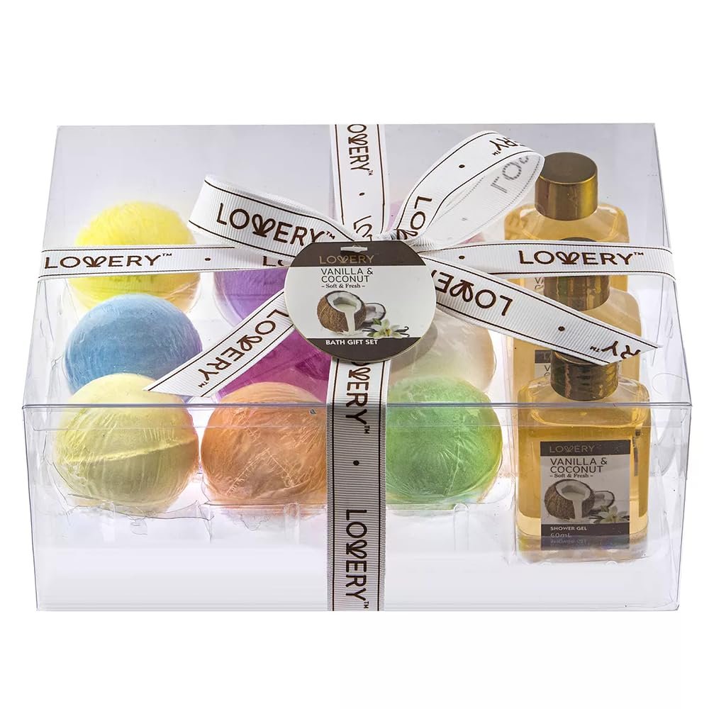 Birthday Gifts for Him. Bath Bombs Gift Set - HomeSpa Set with Vanilla Coconut Shower Gel, Shampoo, Bubble Bath & 9 Huge Bath Bombs with Shea & Coco Butter, Vitamin E - Birthday Gifts
