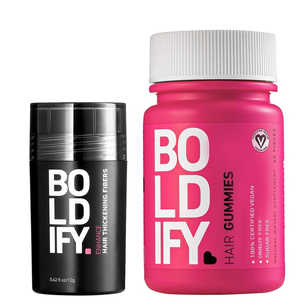 Boldify Hair Fibers + Biotin Gummies: Conceal & Glow Bundle: Undetectable & Natural Hair Fibers for Men & Women & All Natural, Vegan & Sugar Free Gummies (BLACK)