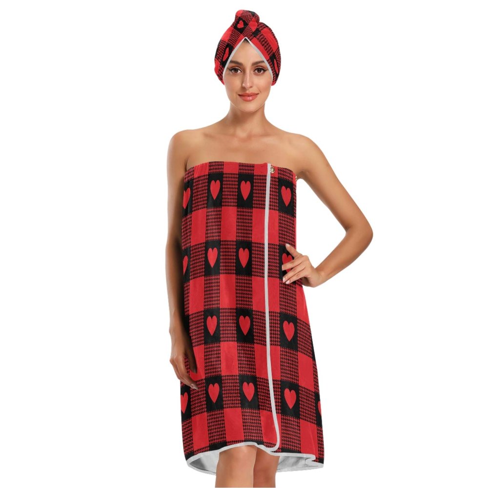 ALAZA Bath Wrap for Women Buffalo Plaid and Red Love Heart Women's Spa Towel Wrap Set of 3 with 1 Adjustable Closure Shower Wrap 1 Hair Towel Wrap 1 Headband
