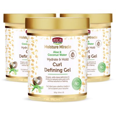 African Pride Moisture Miracle Hydrate & Hold Curl Defining Gel for Curly & Coily Hair, Controls Frizz, Hydrates, Defines Coils & Curls, No Flakes, 18oz, Pack of 3