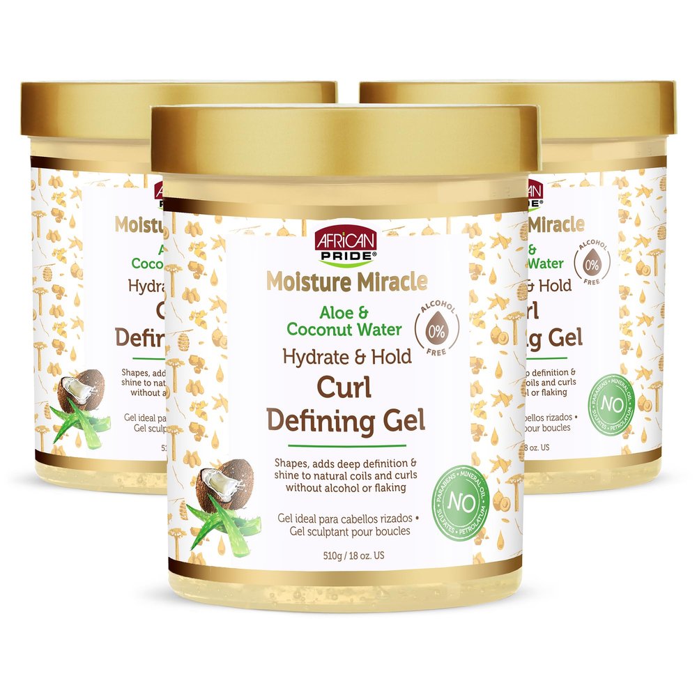 African Pride Moisture Miracle Hydrate & Hold Curl Defining Gel for Curly & Coily Hair, Controls Frizz, Hydrates, Defines Coils & Curls, No Flakes, 18oz, Pack of 3