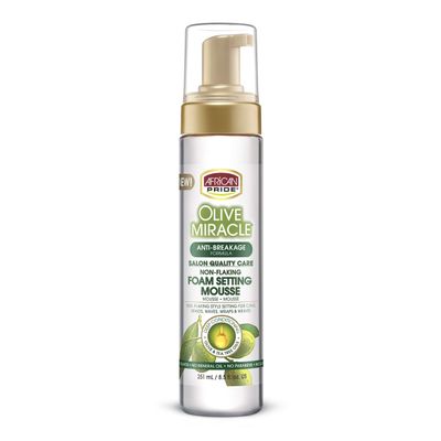 African Pride Olive Miracle Non-Flaking Foam Setting Hair Mousse, Long-Lasting Frizz & Shine Control for Curls, Braids, Weaves, Wigs, Waves & Wraps, 8.5 oz