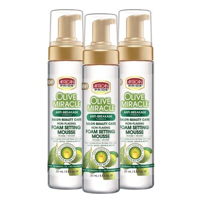 African Pride Olive Miracle Non-Flaking Foam Setting Hair Mousse (3 Pack), Long-Lasting Frizz & Shine Control for Curls, Braids, Weaves, Wigs, Waves & Wraps, 8.5 oz