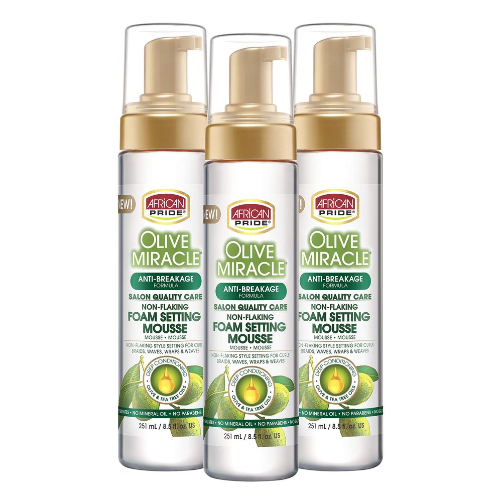 African Pride Olive Miracle Non-Flaking Foam Setting Hair Mousse (3 Pack), Long-Lasting Frizz & Shine Control for Curls, Braids, Weaves, Wigs, Waves & Wraps, 8.5 oz