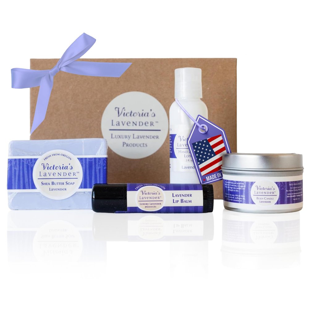 Victoria's Lavender Gift Set - Handmade Soap, Hand & Body Lotion, Lip Balm, Body Candle Luxury Lavender Products, Ideal Pamper Gifts for Women & Spa Gift - Made in the USA Lavender Set