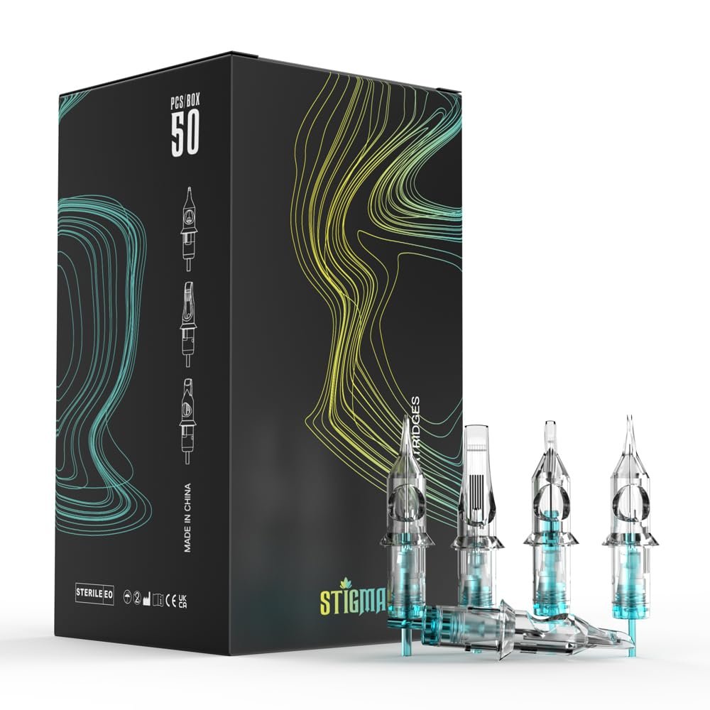 STIGMA Aquamarine Knight Tattoo Cartridge Needles #12(5RM) 50Pcs 0.35mm Standard Disposable Tattoo Needles Cartridges with Membrane Curved/Round Magnum EN02B-50-OF1205RM