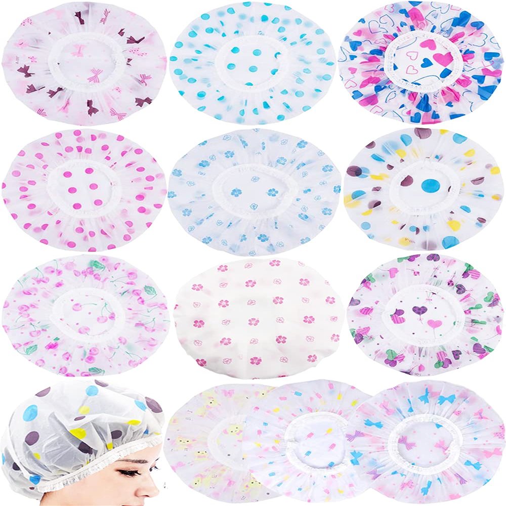 12 Pieces Reusable Waterproof Shower Caps,Durable Elastic Bathing Hair Cap,Beauty Salon Spa Shower Caps Lace Elastic Band Hair Bath Caps Shower Caps
