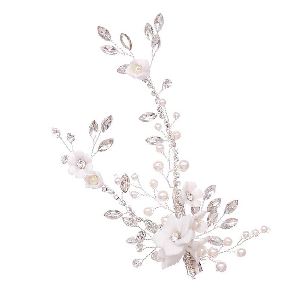 Bridal Hair Side Clip Rhinestone Crystal Pearl Headpiece Flower Barrette Wedding Hair Accessories for Bride Bridesmaid