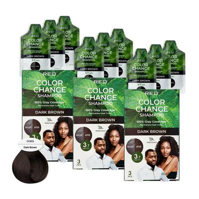 Red by Kiss Color Change Shampoo  Permanent Hair Color with 100% Gray Coverage, Quick 7-10 Minute Formula, No Tools Needed, Herbal Extracts, Includes 3 Shampoo Pouches (Dark Brown, 3 Pack)