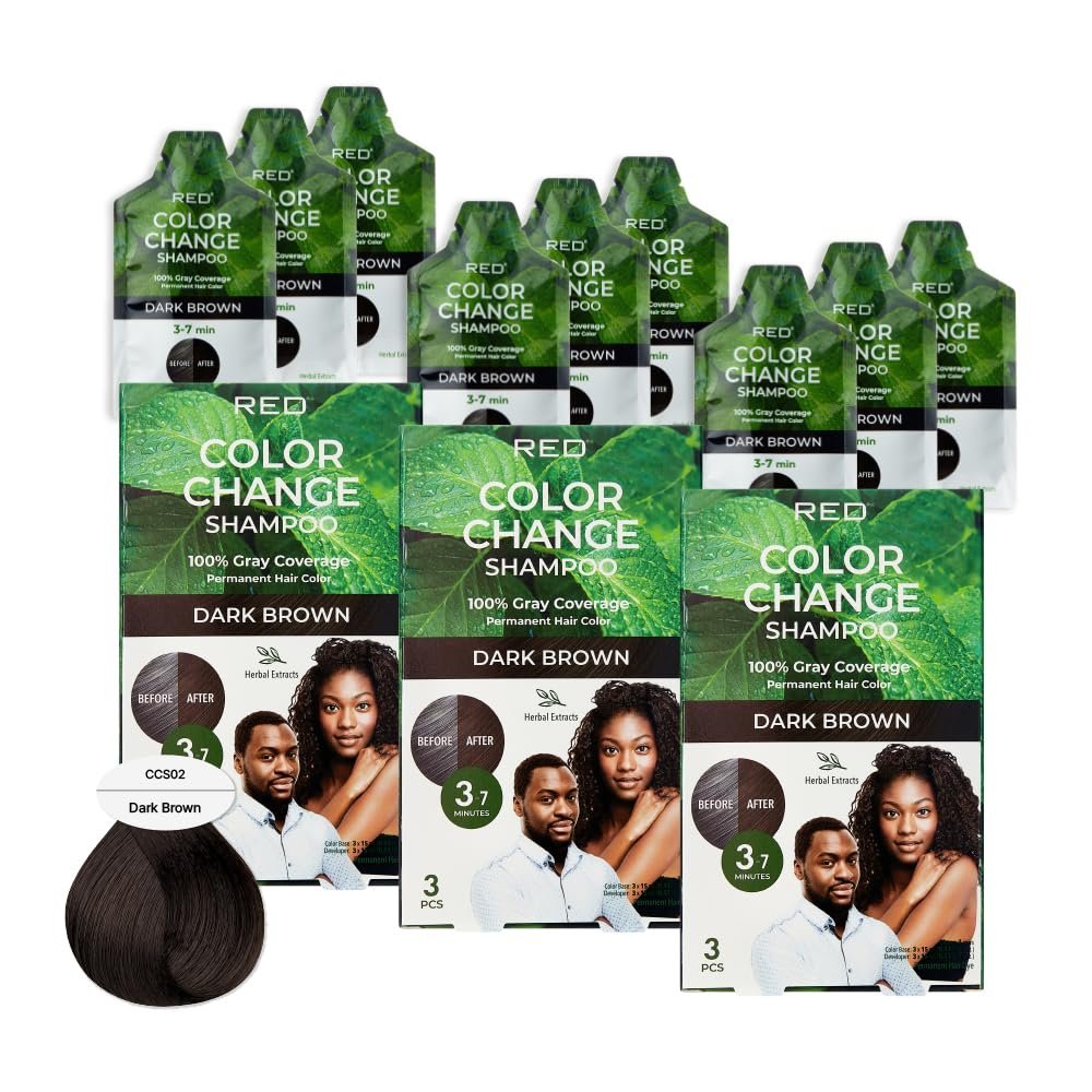 Red by Kiss Color Change Shampoo  Permanent Hair Color with 100% Gray Coverage, Quick 7-10 Minute Formula, No Tools Needed, Herbal Extracts, Includes 3 Shampoo Pouches (Dark Brown, 3 Pack)