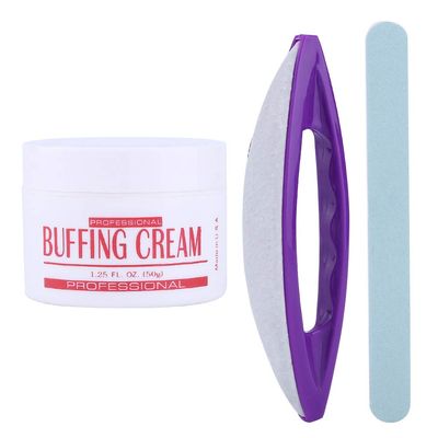 3PCS Nail Buffer & Shine Kit, Nail Cream Buffer with Brush and Polishing Strip, Chamois Nail Buffing Set for Natural Nails, Manicure Shiny Finishing Tool