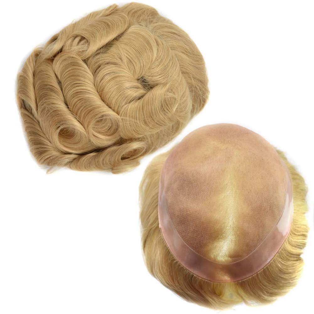 SINGA HAIR Fine Mono Human Hair Mens Toupee Poly Skin Around Hair System Hairpiece Durable NPU Monofilament Wig Hair Replacement for Men (7''X9'', 22R#)