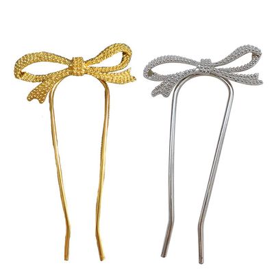 2Pcs bow hairpin rhinestone barrette bowknot hair clip hair barrettes for women hair accessories for women wedding Metal U Shaped Hair Stick issue card metal alloy Miss crystal