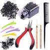 Duufin Hair Extensions Kit 500 Pcs Black Micro Ring Beads 1 Hair Extension Plier 2 Hook Needle Pulling Loop 4 Plastic Alligator Hair Clips 1 Comb and 2 Bags Black Mini Rubber Hair Elastic view 1