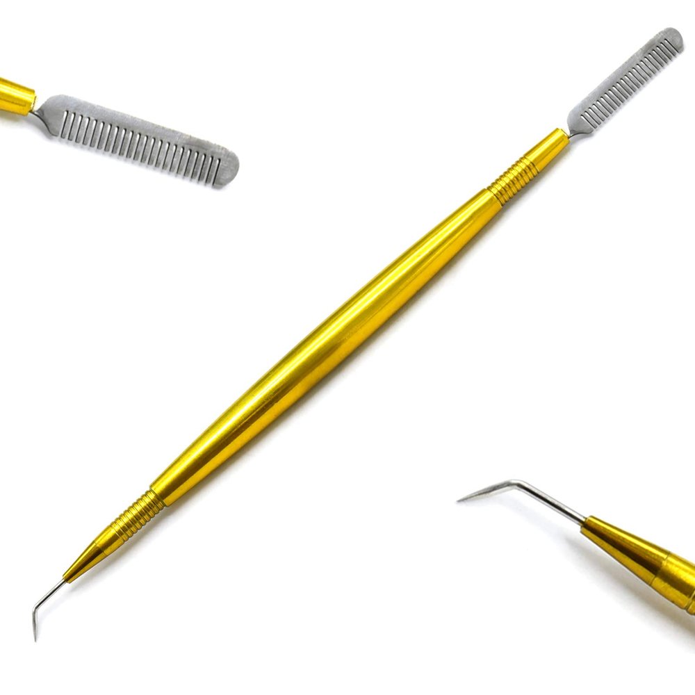 Anodize Aluminium Yellow Color Eyelash Lifting Separating Tool Perming Extensions Hollow Handle With Stainless Steel Brush