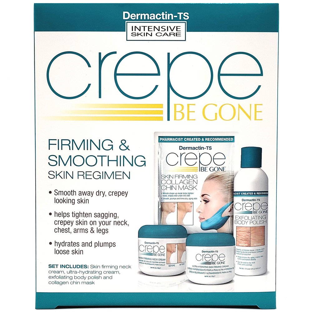 Dermactin Crepe Be Gone Firming & Smoothing Skin Regimen 4-PC Set - Includes Skin Firming Neck Cream, Hydrating Skin Firming Soufle, Exfoliating Body Polish & Collagen Chin Mask