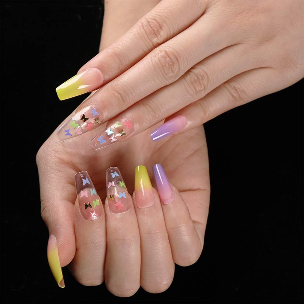 Aimimier 24Pcs Ballerina False Nails with Design Butterfly Coffin Nails with Gluetabs Gradient Fingernails for Women and Girls (Style 7)