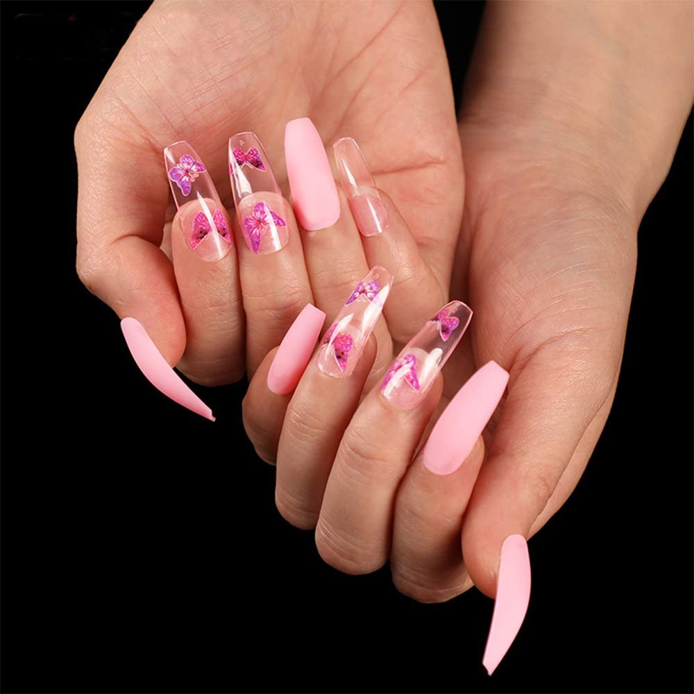 Aimimier 24Pcs Ballerina False Nails with Design Pink Butterfly Coffin Nails with Gluetabs Gradient Fingernails for Women and Girls (Style 3)