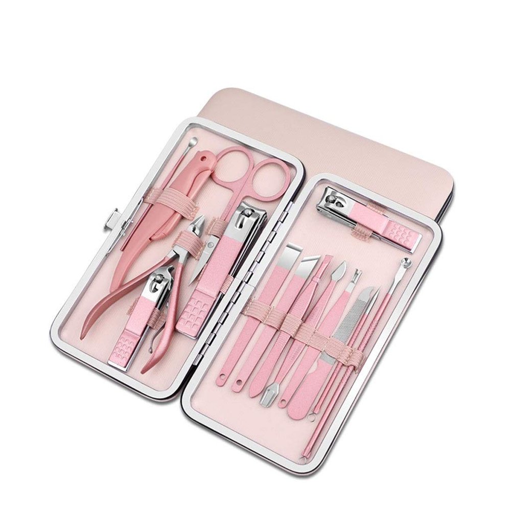 zxb-shop Manicure Set Pink Women's Stainless Steel Nail Care Tools Beauty Manicure Set Household Eyebrow Knife Pedicure Set (15 Pieces) Nail Clippers Pedicure Kit (Color : A)